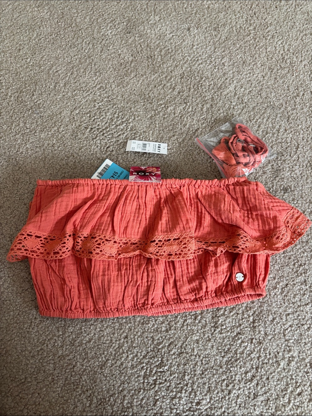 Roxy Coral Off-Shoulder Crochet Ruffle Tube Top NWT